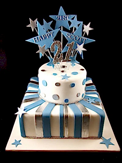 21st cake 2 tier panels silver blue stars